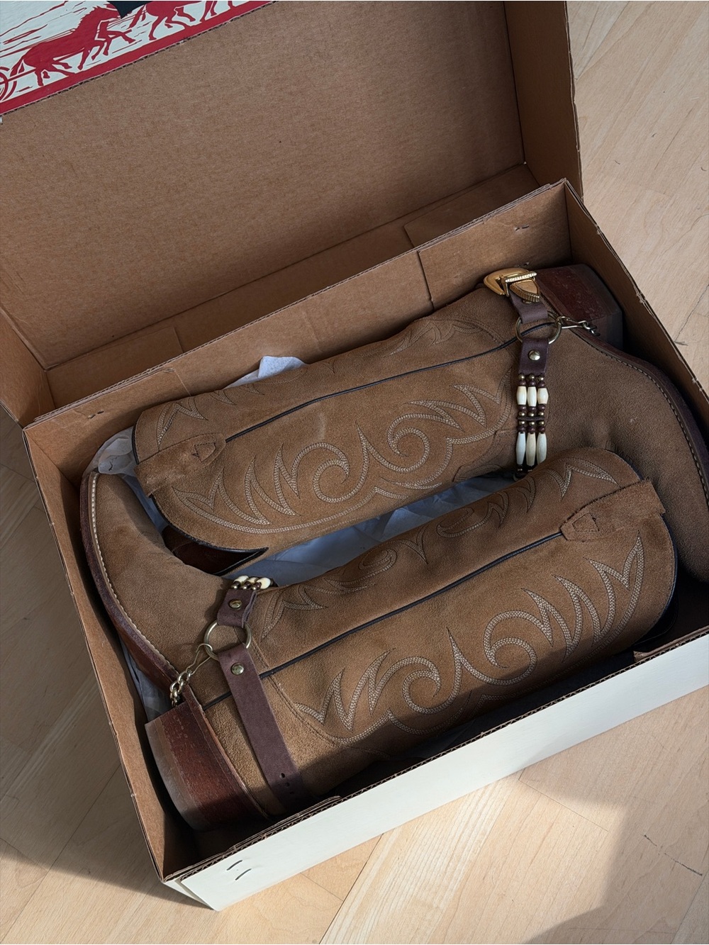 ACME Brown Suede Embroidered Cowboy Boots with Bead Accents
